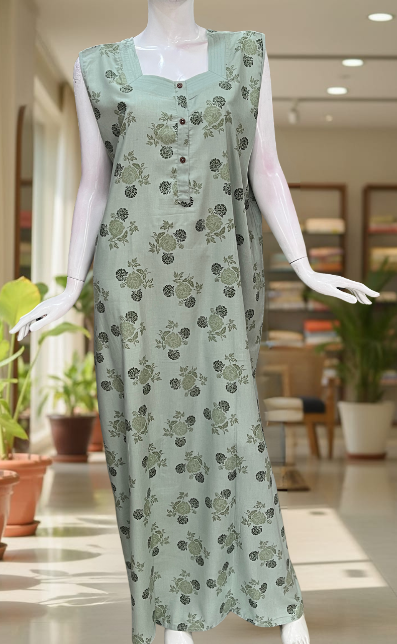 Light Green Floral 2-Piece Soft Cotton House Coat & Nighty Set| Laces and Frills