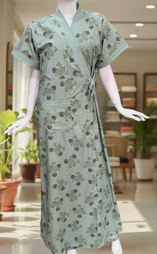 Light Green Floral 2-Piece Soft Cotton House Coat & Nighty Set| Laces and Frills