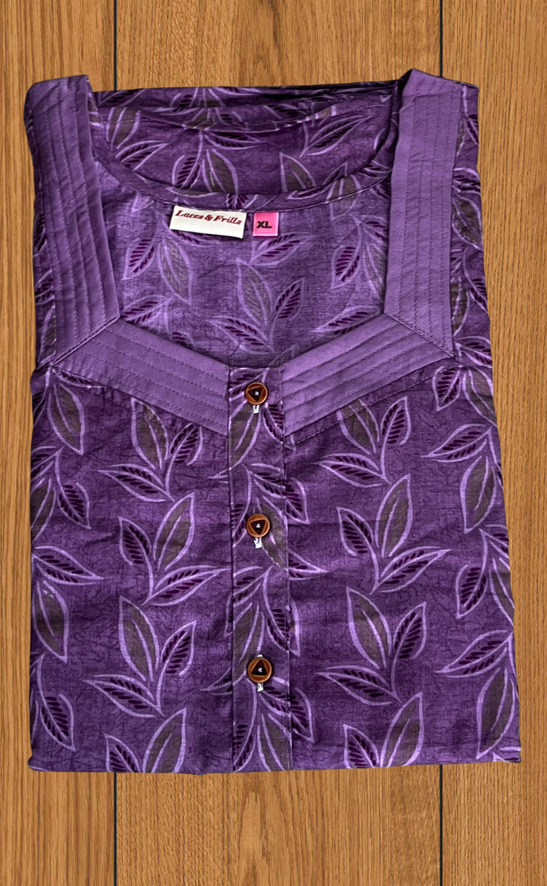 Purple Leafy 2-Piece Soft Cotton House Coat & Nighty Set| Laces and Frills