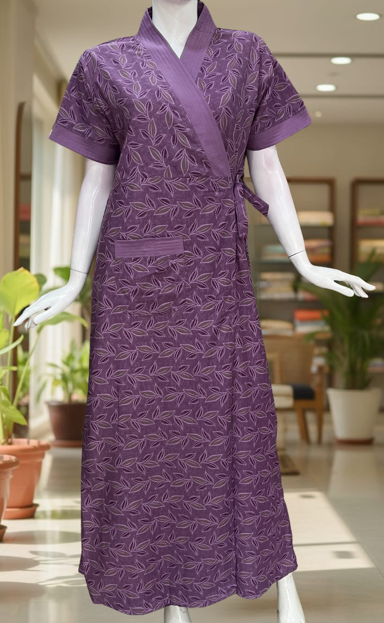 Purple Leafy 2-Piece Soft Cotton House Coat & Nighty Set| Laces and Frills