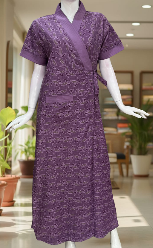 Purple Leafy 2-Piece Soft Cotton House Coat & Nighty Set| Laces and Frills