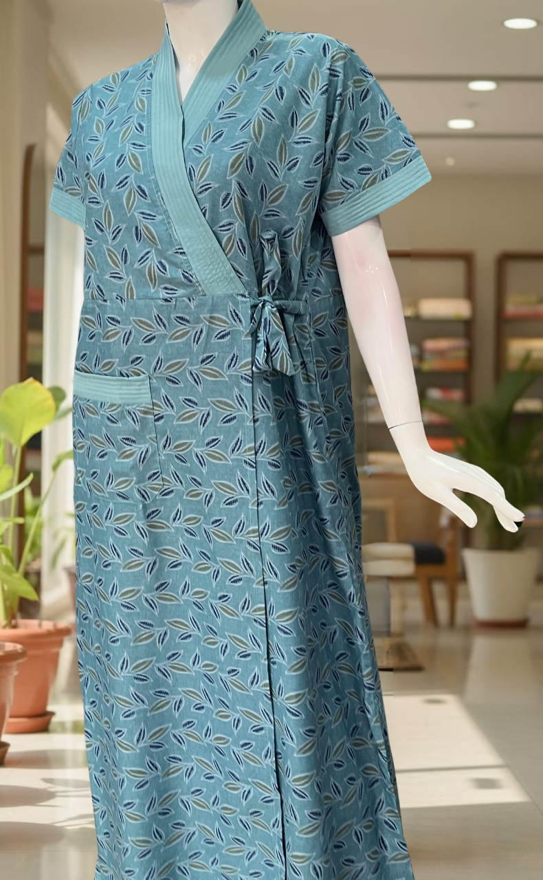 Light Sea Green Leafy 2-Piece Soft Cotton House Coat & Nighty Set| Laces and Frills