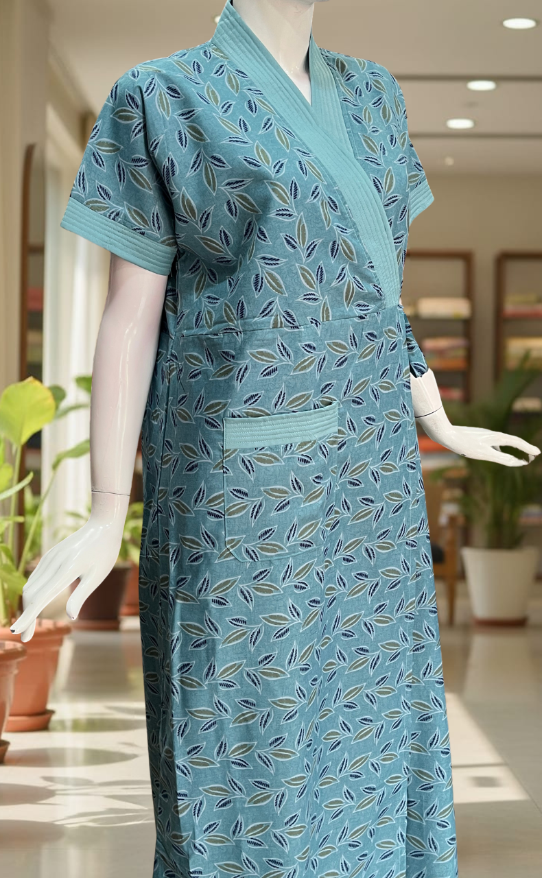 Light Sea Green Leafy 2-Piece Soft Cotton House Coat & Nighty Set| Laces and Frills