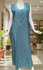 Light Sea Green Leafy 2-Piece Soft Cotton House Coat & Nighty Set| Laces and Frills