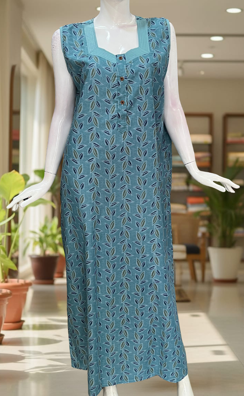 Light Sea Green Leafy 2-Piece Soft Cotton House Coat & Nighty Set| Laces and Frills