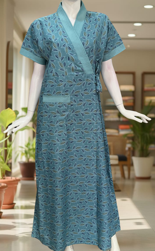 Light Sea Green Leafy 2-Piece Soft Cotton House Coat & Nighty Set| Laces and Frills