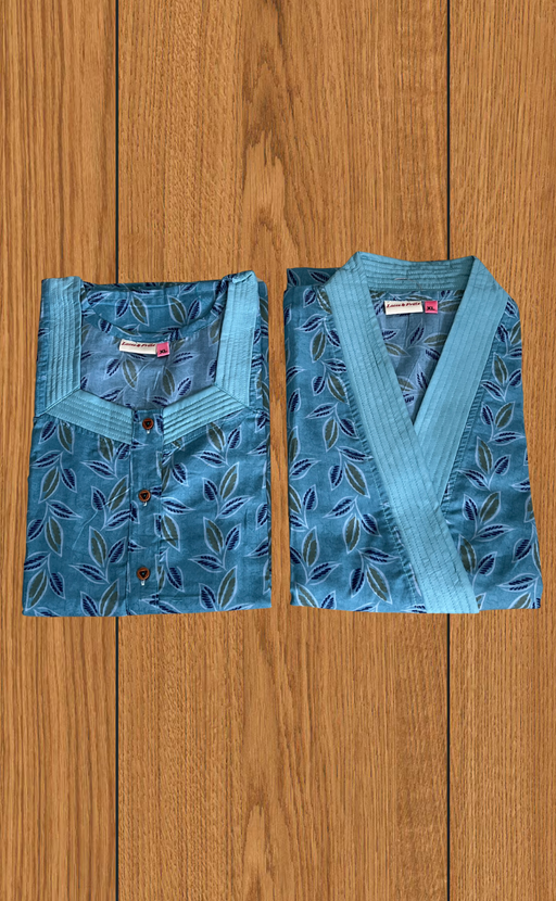 Light Sea Green Leafy 2-Piece Soft Cotton House Coat & Nighty Set| Laces and Frills