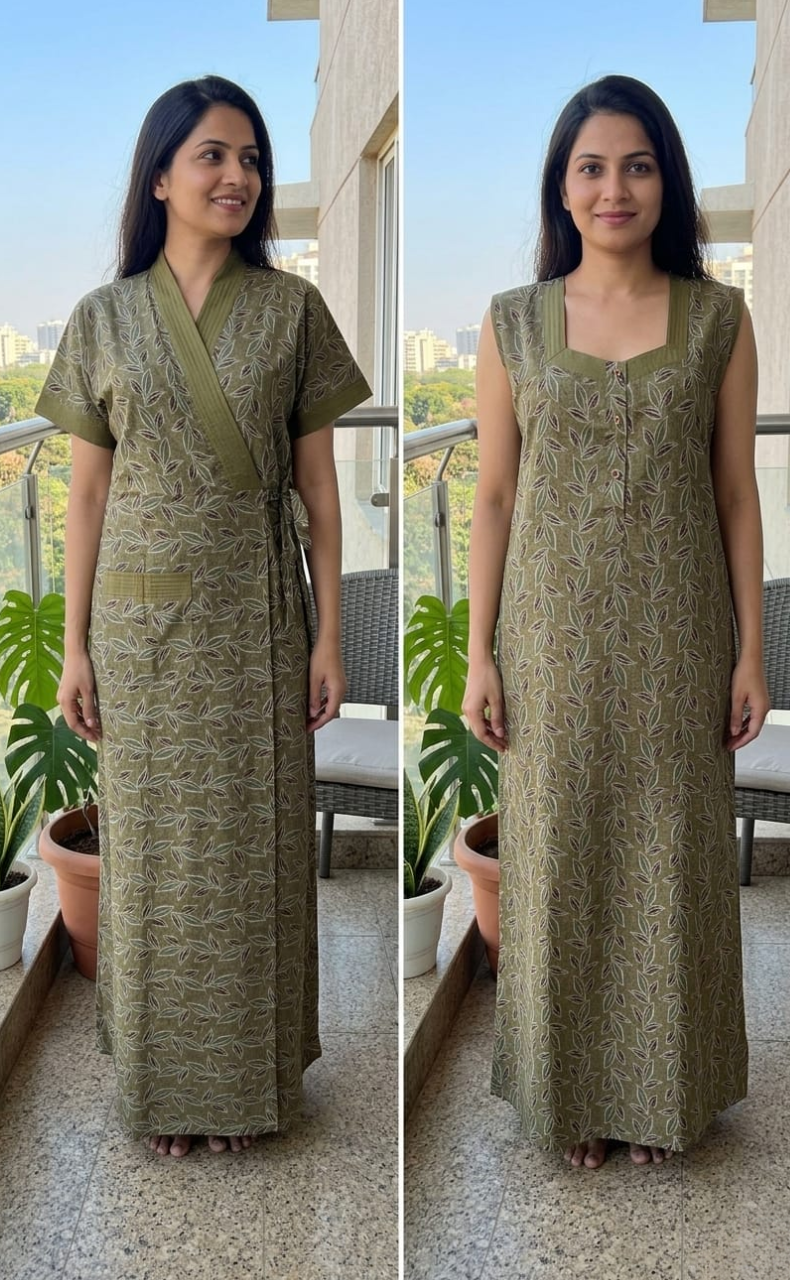 Mehndi Green Leafy 2-Piece Soft Cotton House Coat & Nighty Set| Laces and Frills