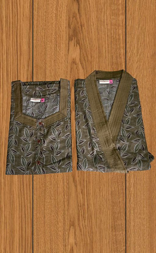 Mehndi Green Leafy 2-Piece Soft Cotton House Coat & Nighty Set| Laces and Frills