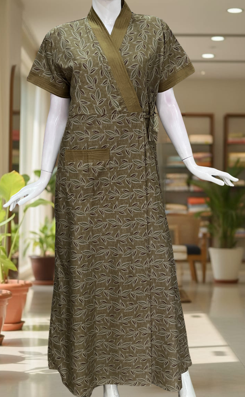 Mehndi Green Leafy 2-Piece Soft Cotton House Coat & Nighty Set| Laces and Frills