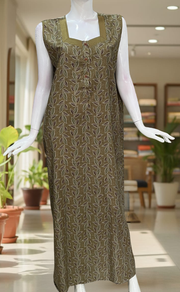 Mehndi Green Leafy 2-Piece Soft Cotton House Coat & Nighty Set| Laces and Frills