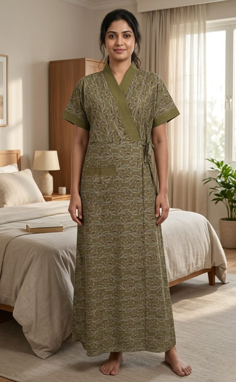 Mehndi Green Leafy 2-Piece Soft Cotton House Coat & Nighty Set| Laces and Frills