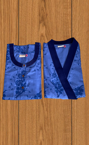 Blue Floral 2-Piece Soft Cotton House Coat & Nighty Set| Laces and Frills