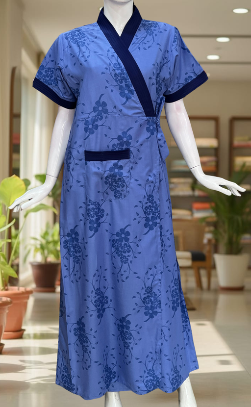 Blue Floral 2-Piece Soft Cotton House Coat & Nighty Set| Laces and Frills