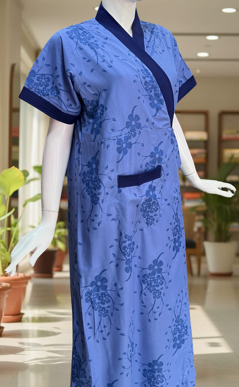 Blue Floral 2-Piece Soft Cotton House Coat & Nighty Set| Laces and Frills