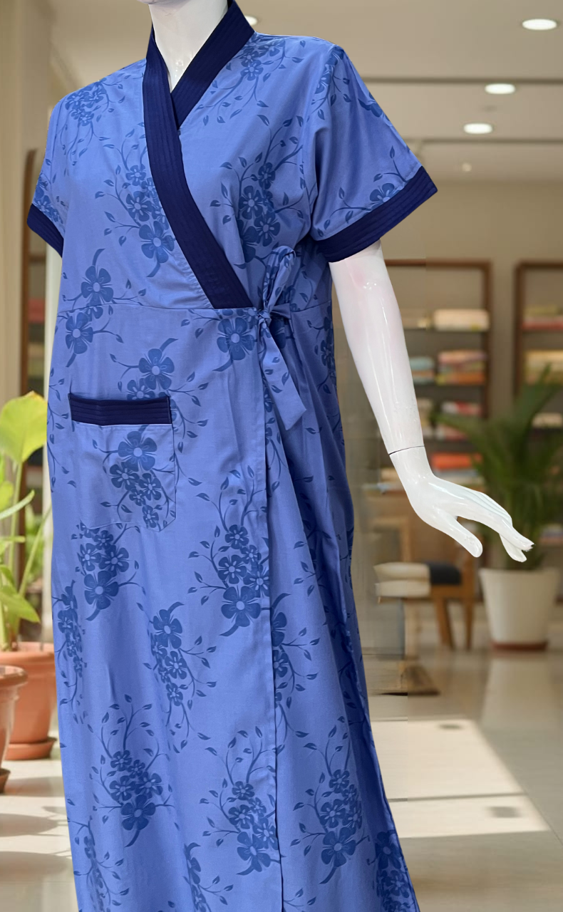 Blue Floral 2-Piece Soft Cotton House Coat & Nighty Set| Laces and Frills