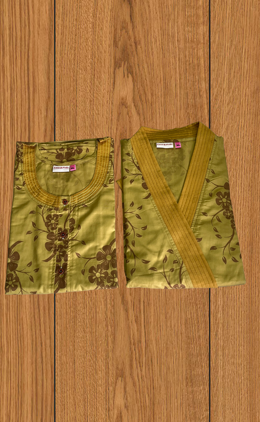 Mustard Floral 2-Piece Soft Cotton House Coat & Nighty Set| Laces and Frills