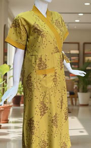 Mustard Floral 2-Piece Soft Cotton House Coat & Nighty Set| Laces and Frills