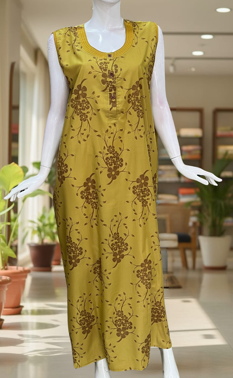 Mustard Floral 2-Piece Soft Cotton House Coat & Nighty Set| Laces and Frills