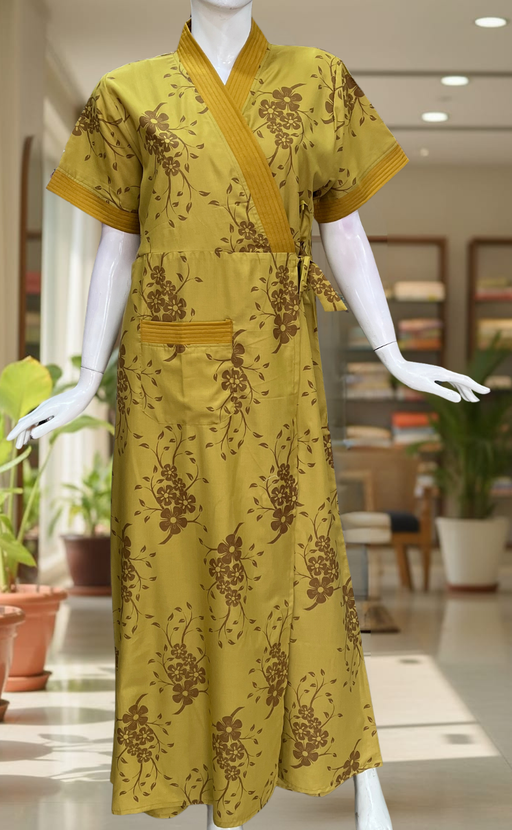 Mustard Floral 2-Piece Soft Cotton House Coat & Nighty Set| Laces and Frills
