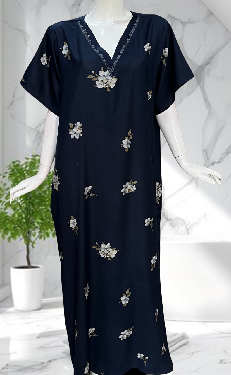 Navy Blue Floral Spun Nighty. Flowy Spun Fabric | Laces and Frills