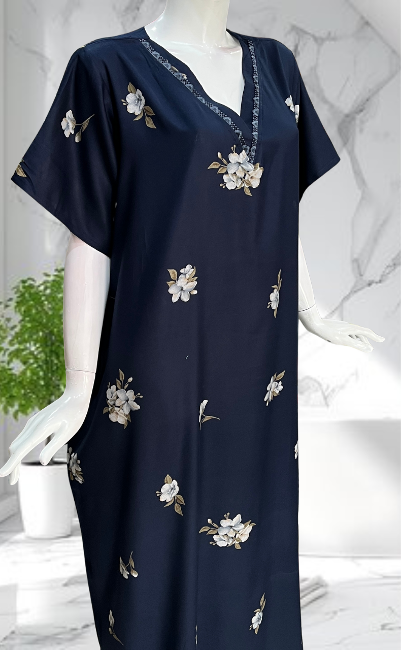 Navy Blue Floral Spun Nighty. Flowy Spun Fabric | Laces and Frills