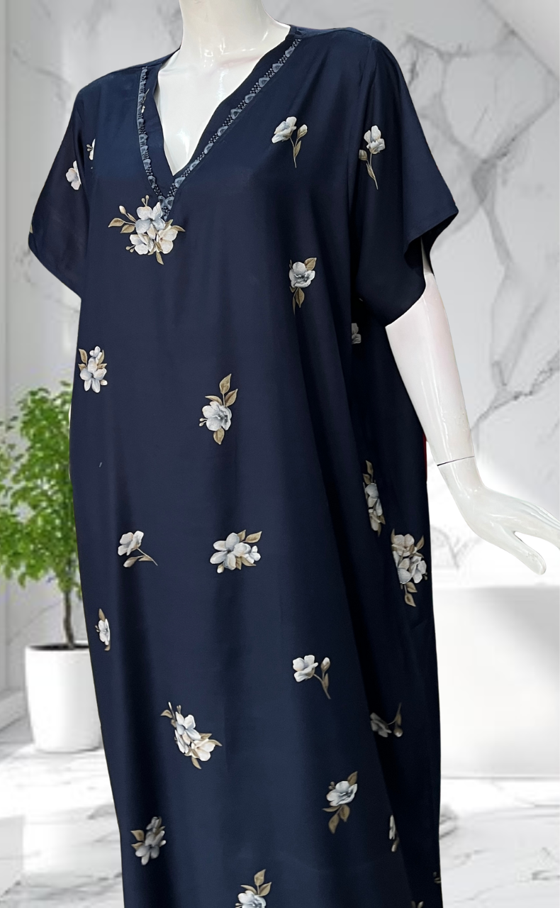Navy Blue Floral Spun Nighty. Flowy Spun Fabric | Laces and Frills