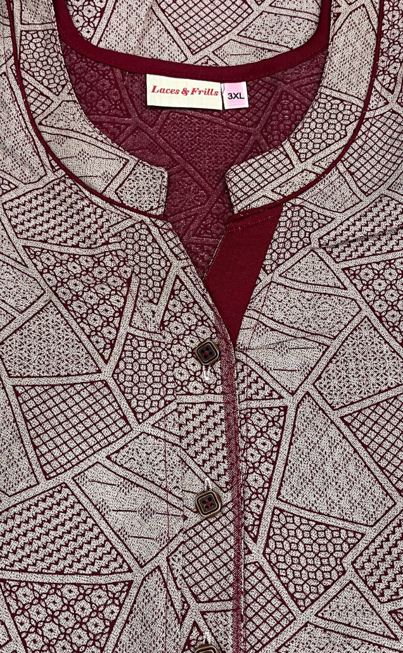 Maroon Abstract Spun Nighty. Flowy Spun Fabric | Laces and Frills