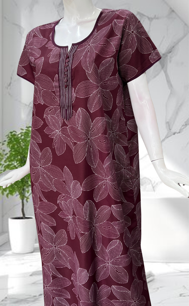 Wine Colour Floral Soft Cotton Nighty. Soft Breathable Fabric | Laces and Frills