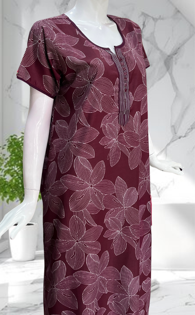 Wine Colour Floral Soft Cotton Nighty. Soft Breathable Fabric | Laces and Frills