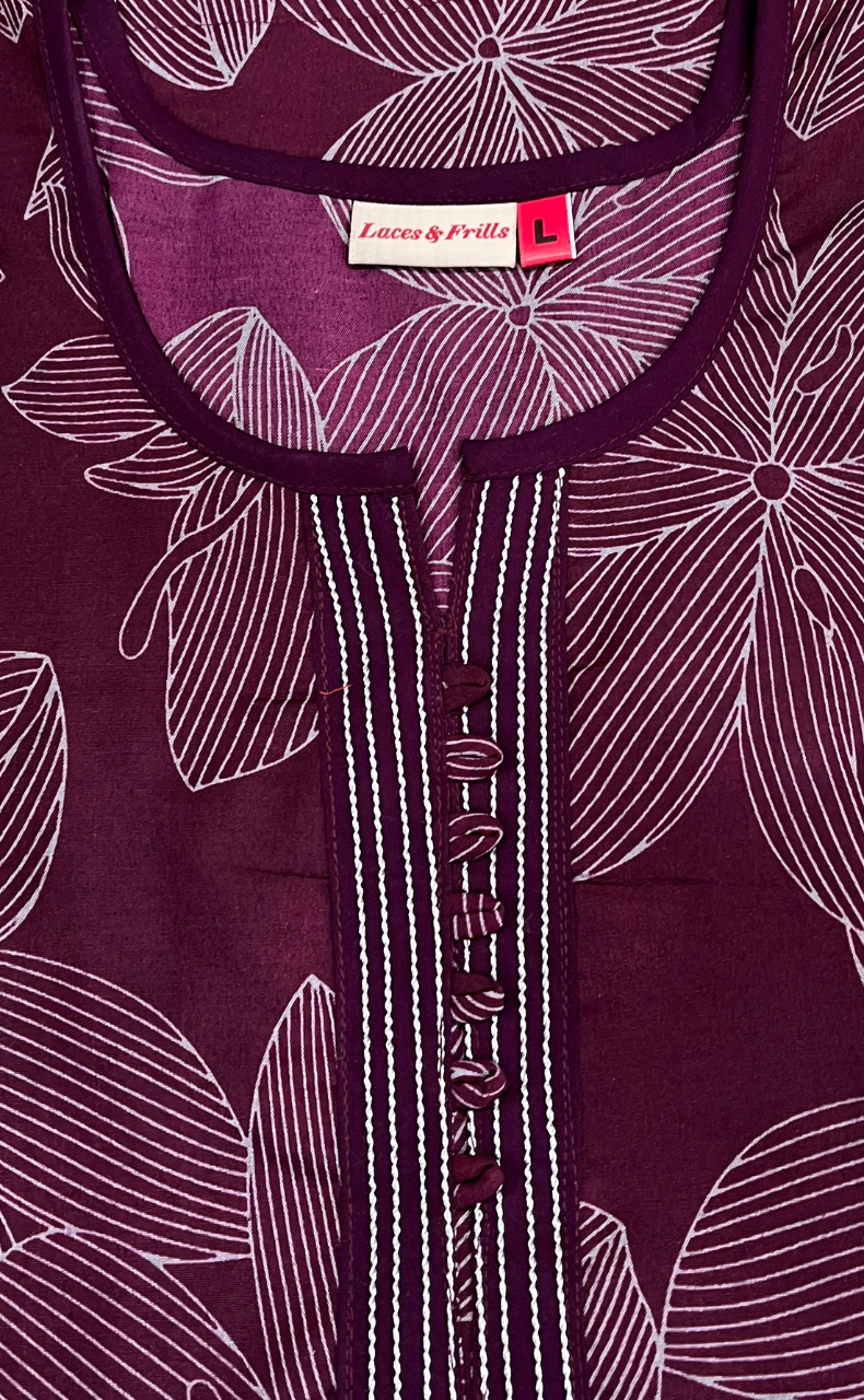 Wine Colour Floral Soft Cotton Nighty. Soft Breathable Fabric | Laces and Frills