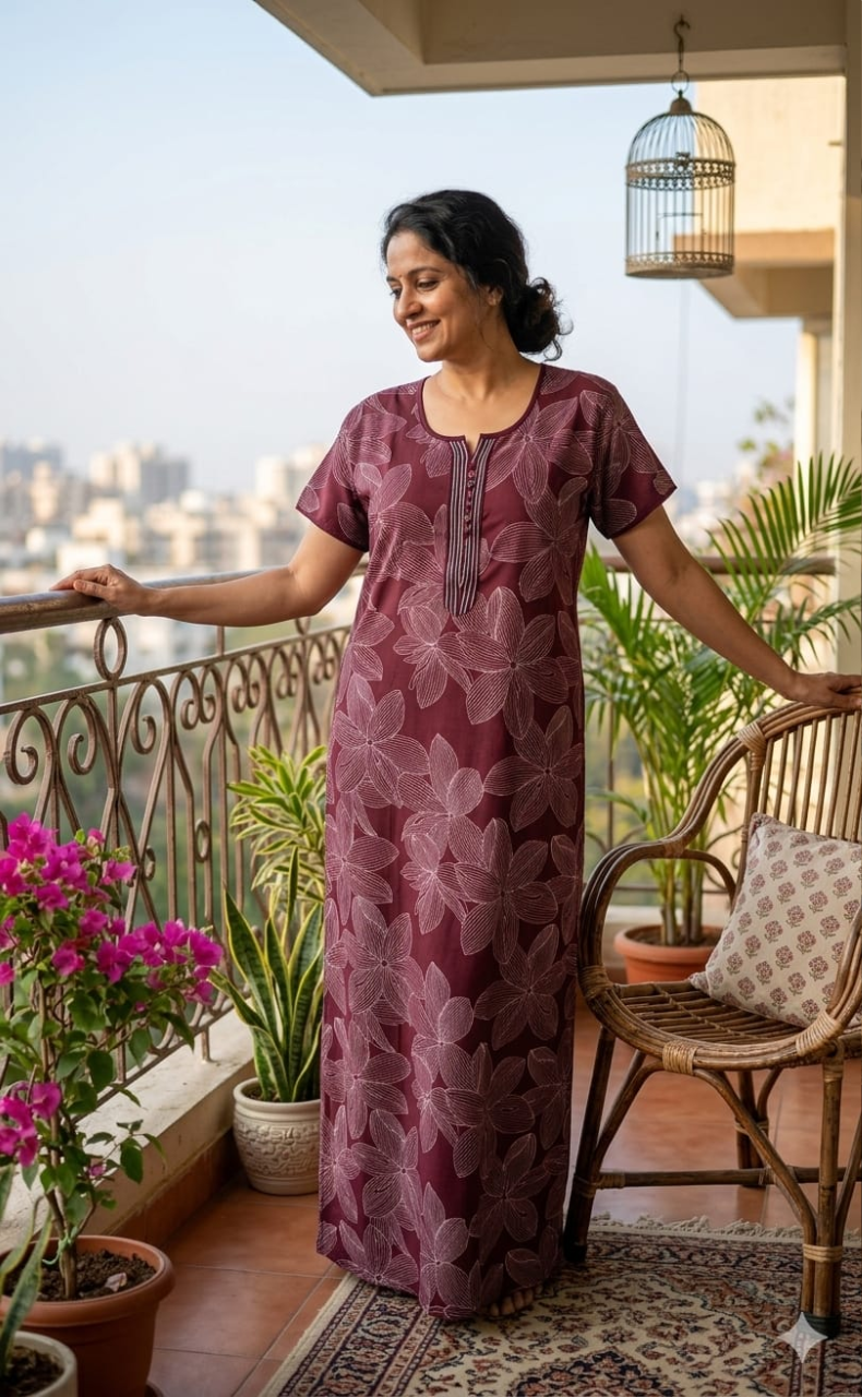 Wine Colour Floral Soft Cotton Nighty. Soft Breathable Fabric | Laces and Frills - Laces and Frills