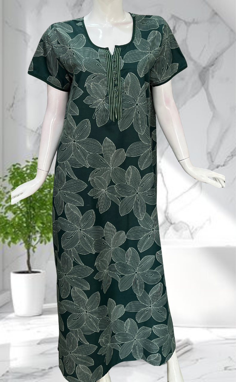 Bottle Green Floral Soft Cotton Nighty. Soft Breathable Fabric | Laces and Frills