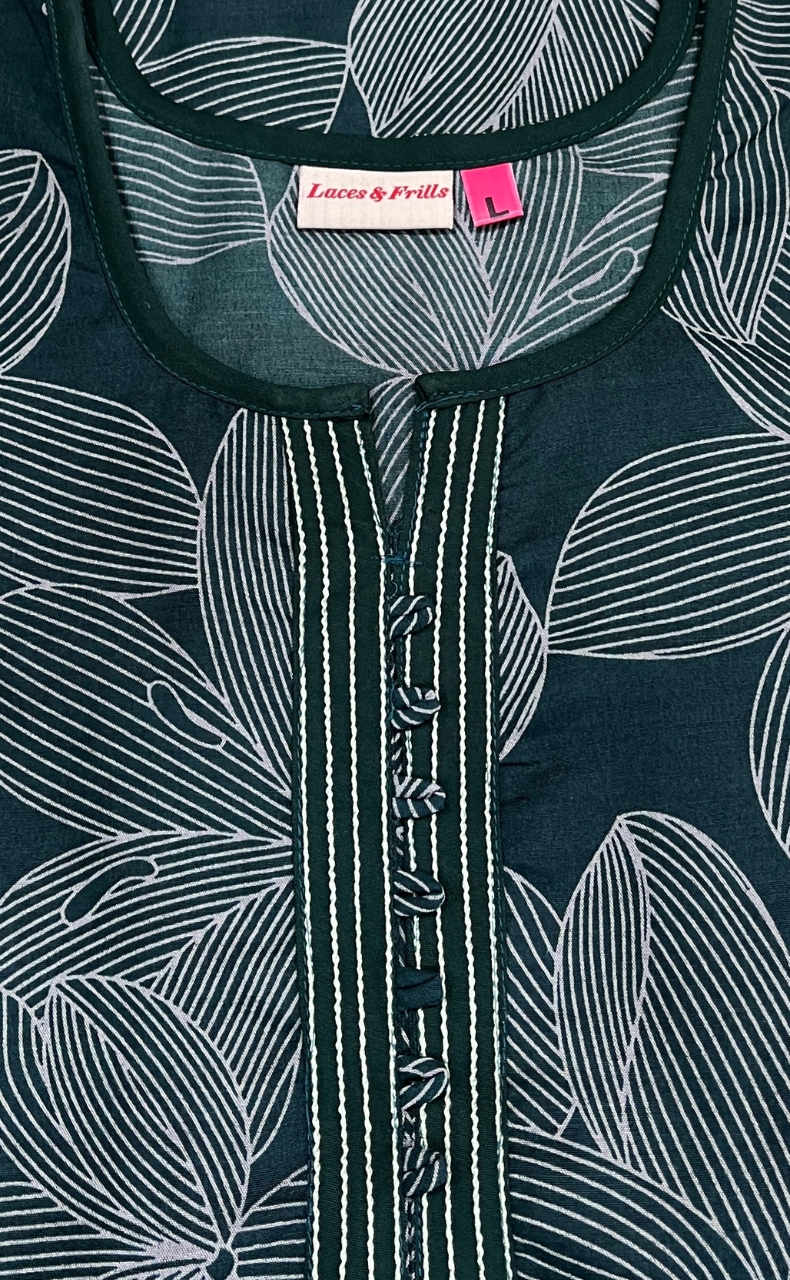 Bottle Green Floral Soft Cotton Nighty. Soft Breathable Fabric | Laces and Frills