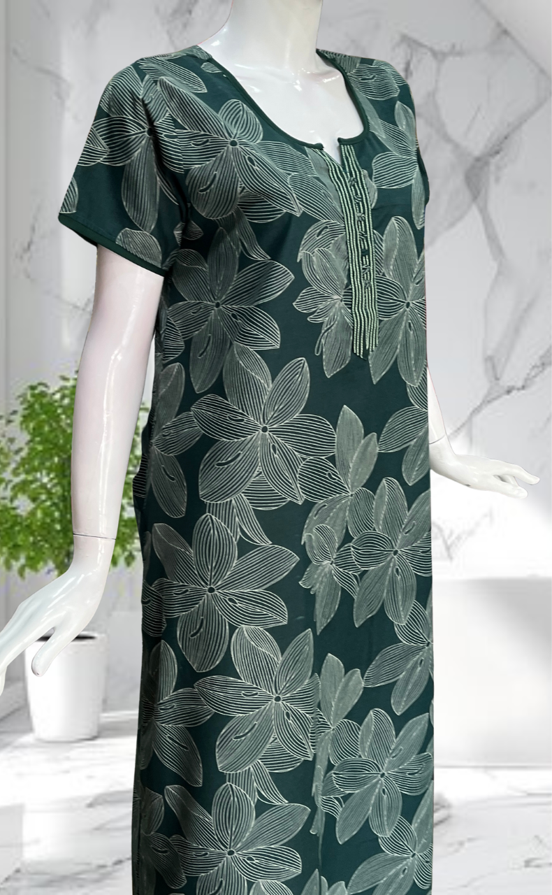 Bottle Green Floral Soft Cotton Nighty. Soft Breathable Fabric | Laces and Frills