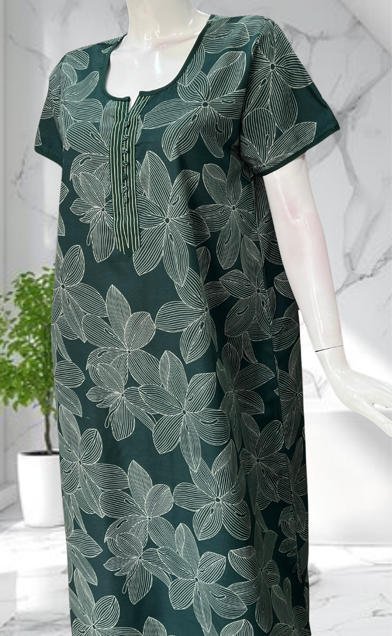 Bottle Green Floral Soft Cotton Nighty. Soft Breathable Fabric | Laces and Frills
