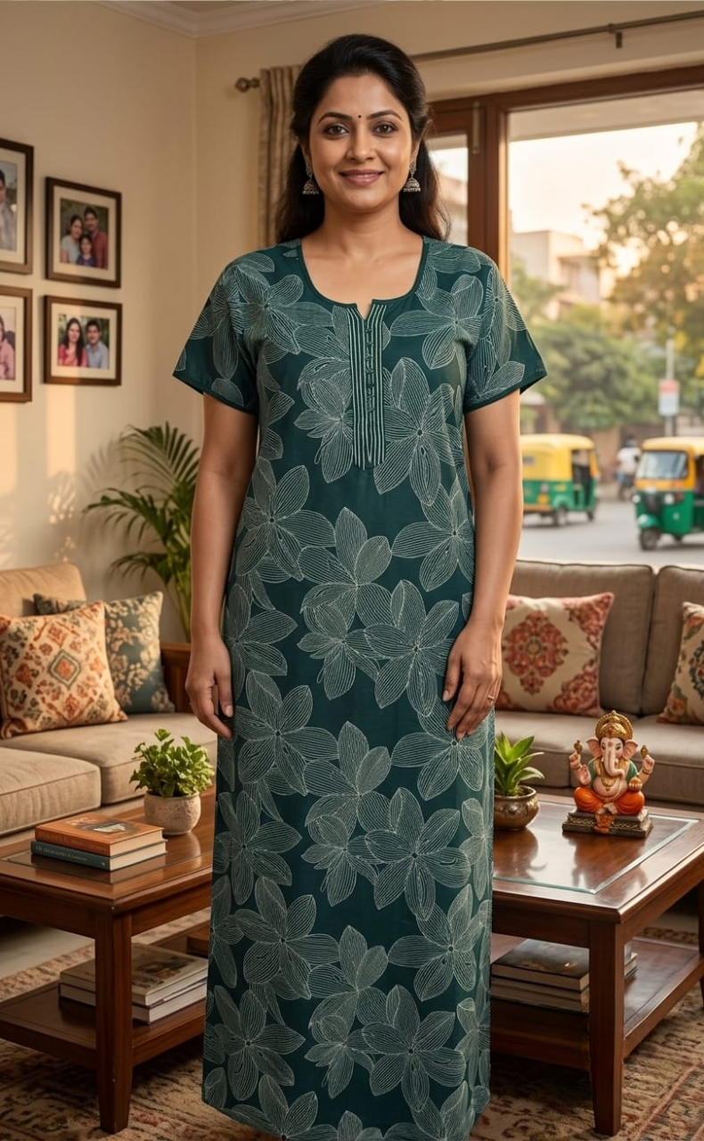 Bottle Green Floral Soft Cotton Nighty. Soft Breathable Fabric | Laces and Frills