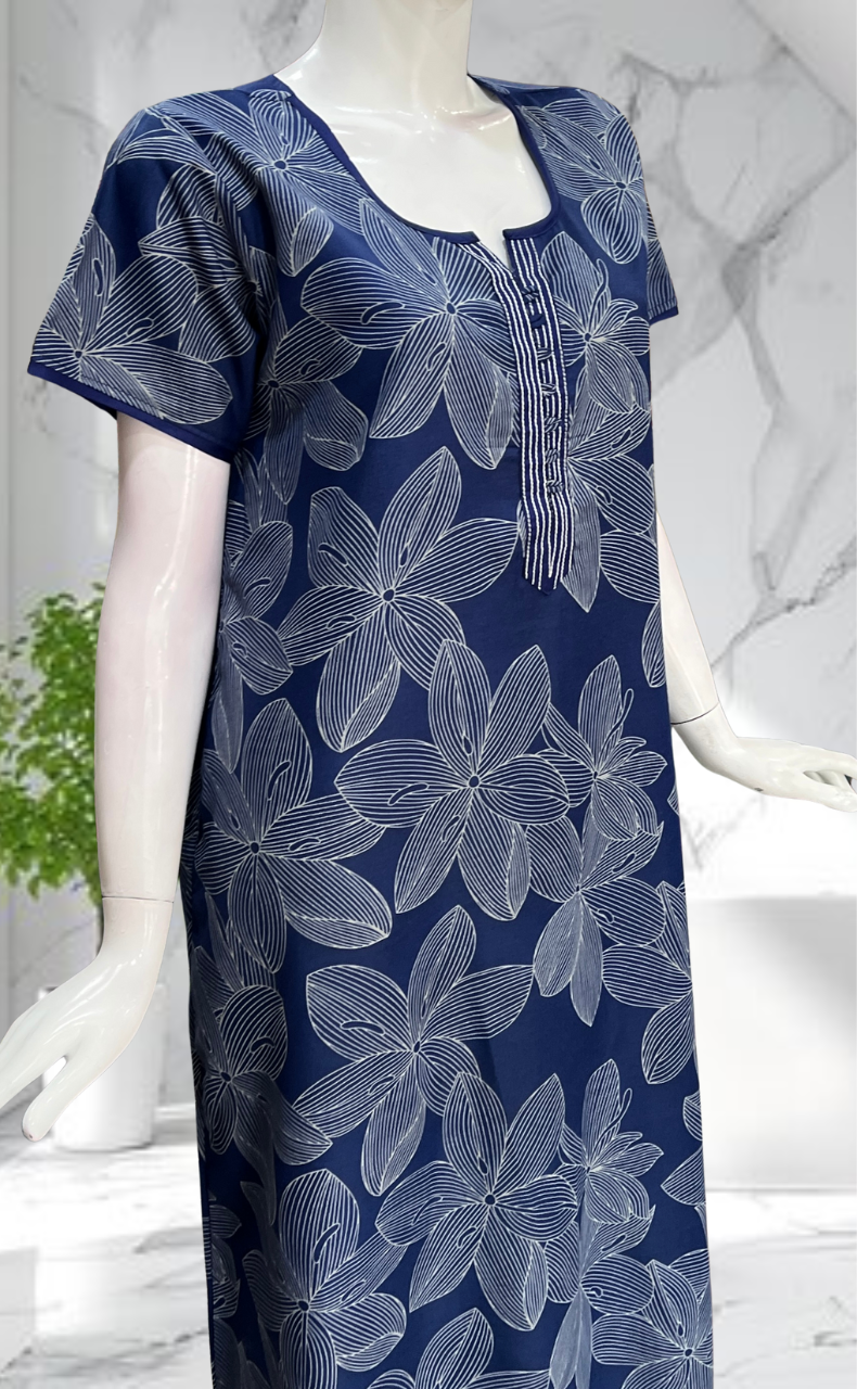 Blue Floral Soft Cotton Nighty. Soft Breathable Fabric | Laces and Frills