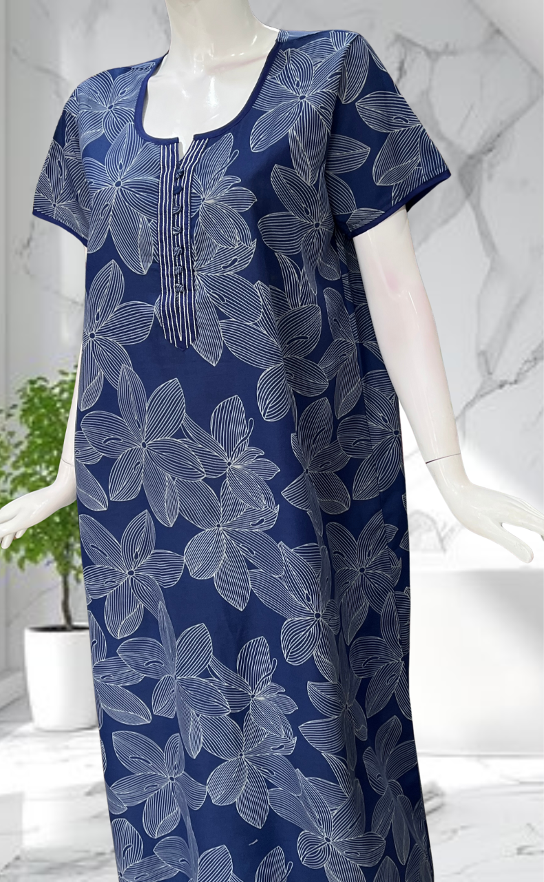 Blue Floral Soft Cotton Nighty. Soft Breathable Fabric | Laces and Frills
