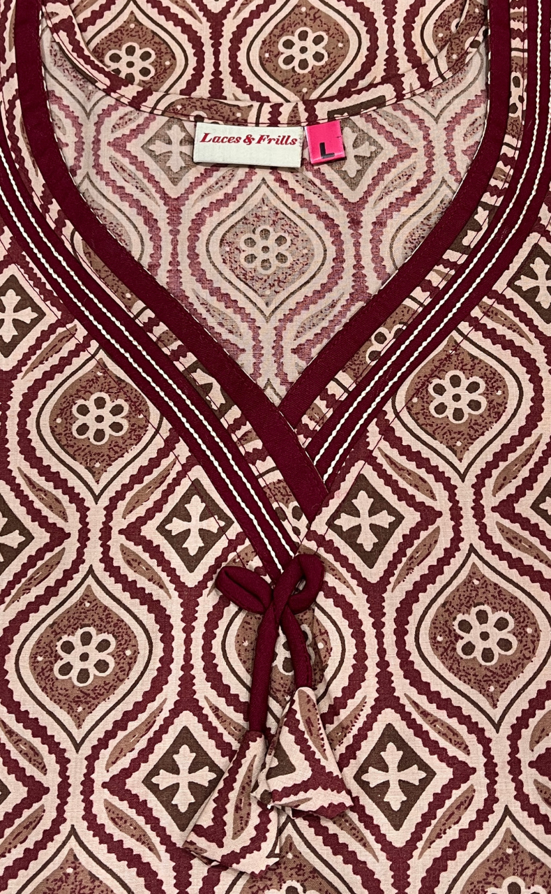 Peach Ajrakh Soft Cotton Nighty. Soft Breathable Fabric | Laces and Frills