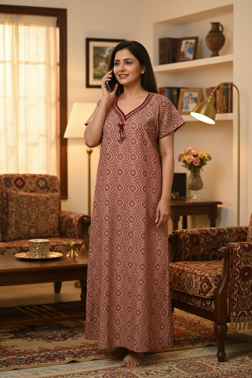 Peach Ajrakh Soft Cotton Nighty. Soft Breathable Fabric | Laces and Frills - Laces and Frills
