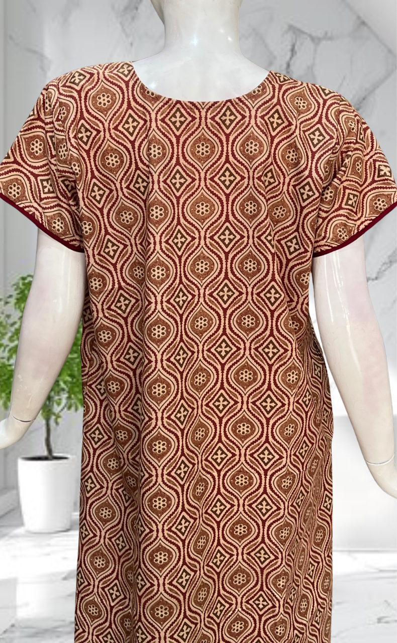 Peach Ajrakh Soft Cotton Nighty. Soft Breathable Fabric | Laces and Frills