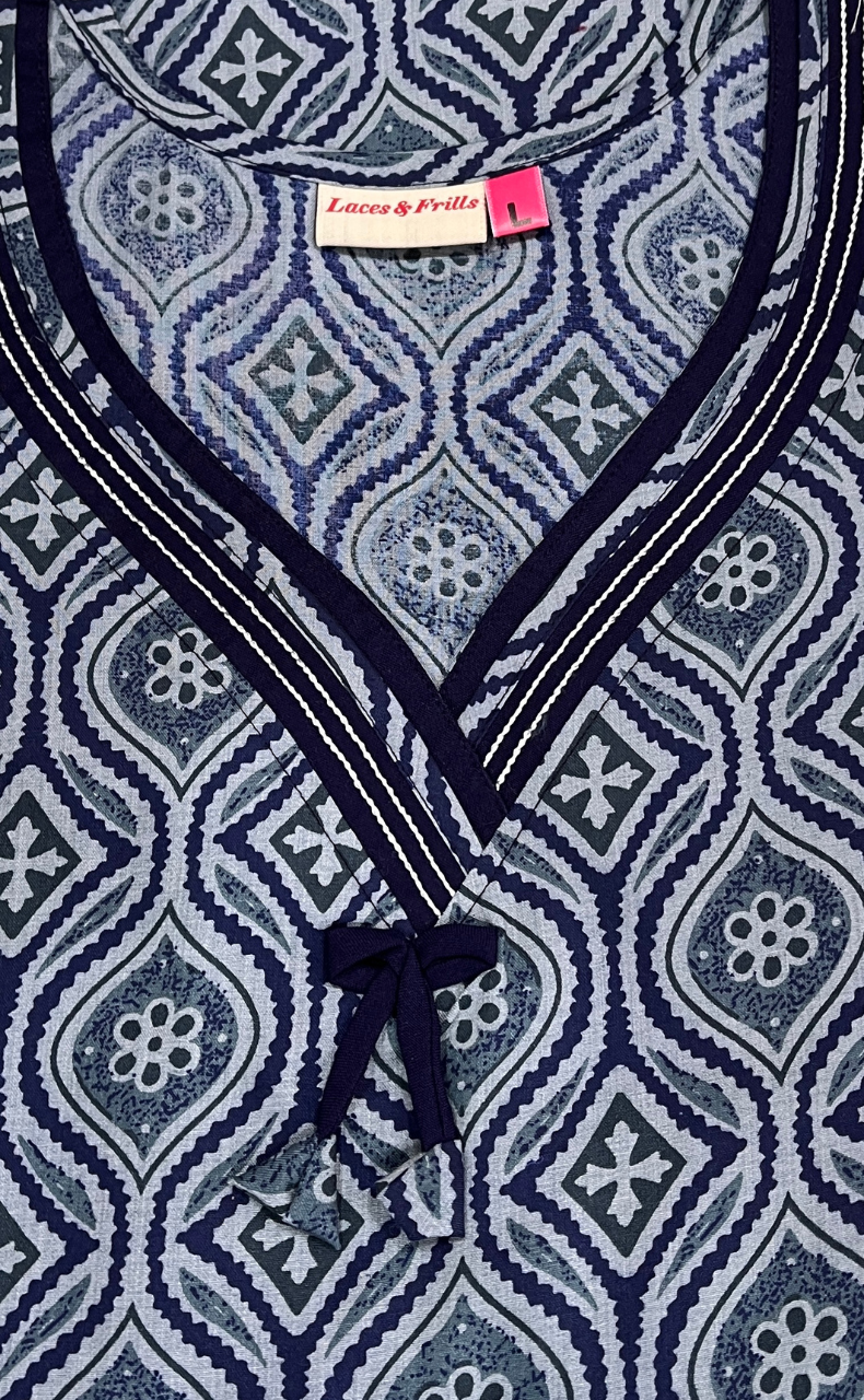 Blue Ajrakh Soft Cotton Nighty. Soft Breathable Fabric | Laces and Frills