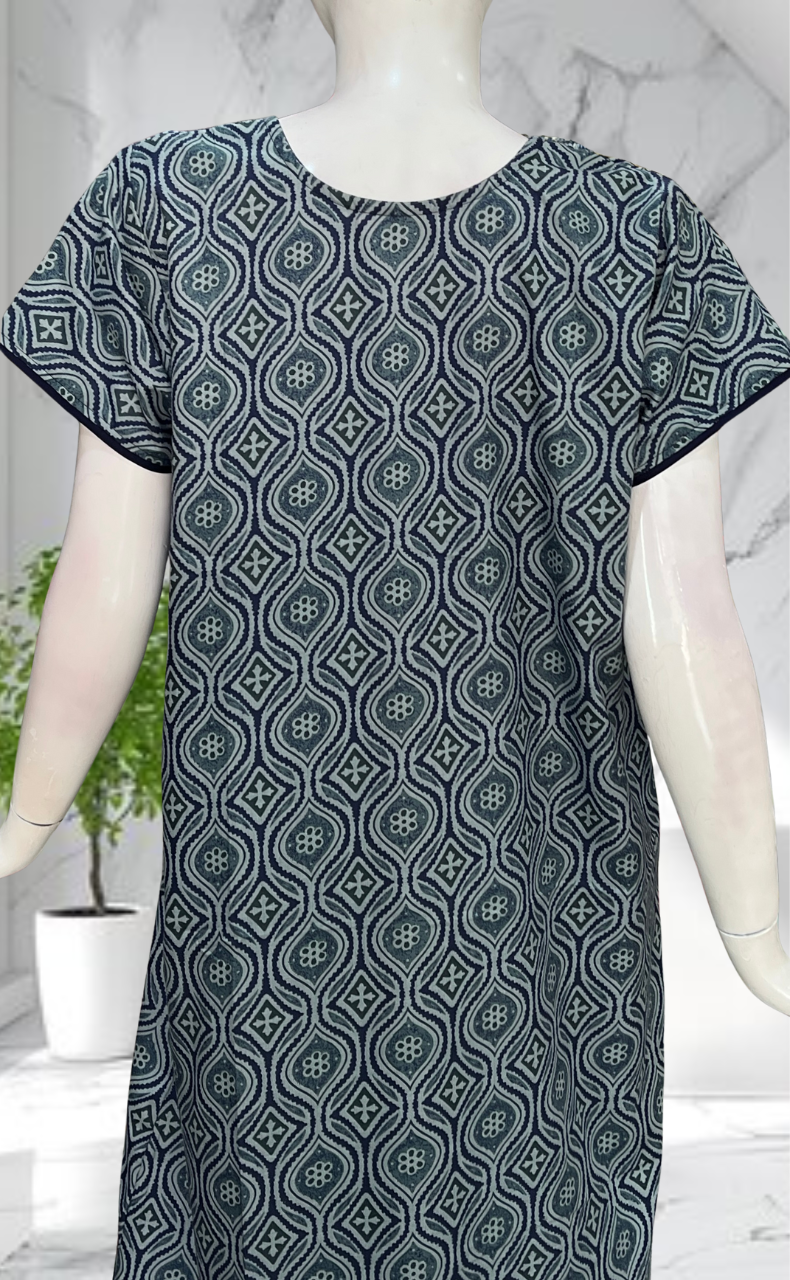 Blue Ajrakh Soft Cotton Nighty. Soft Breathable Fabric | Laces and Frills