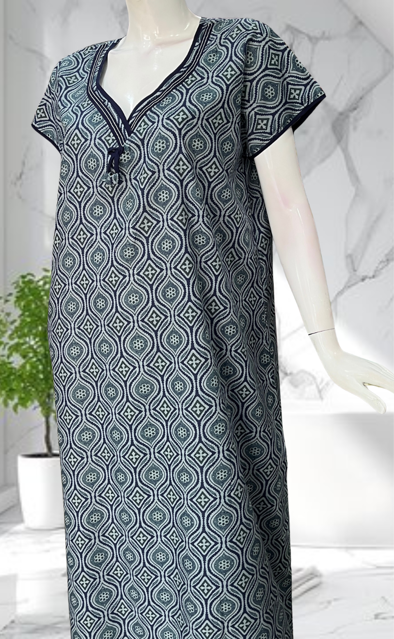 Blue Ajrakh Soft Cotton Nighty. Soft Breathable Fabric | Laces and Frills