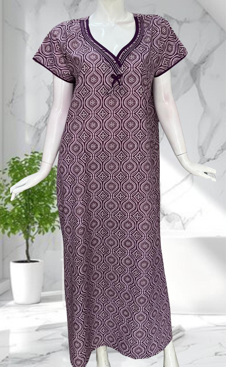 Lavender Ajrakh Soft Cotton Nighty. Soft Breathable Fabric | Laces and Frills