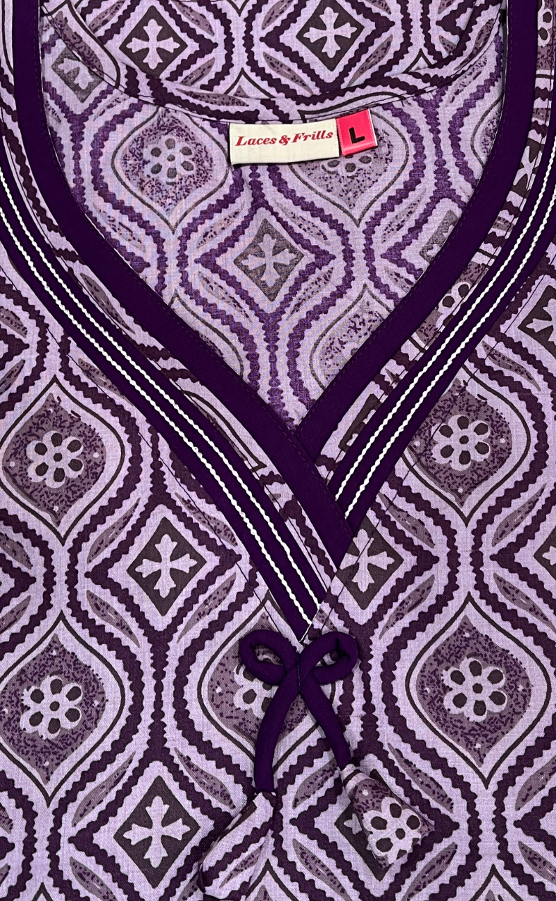 Lavender Ajrakh Soft Cotton Nighty. Soft Breathable Fabric | Laces and Frills
