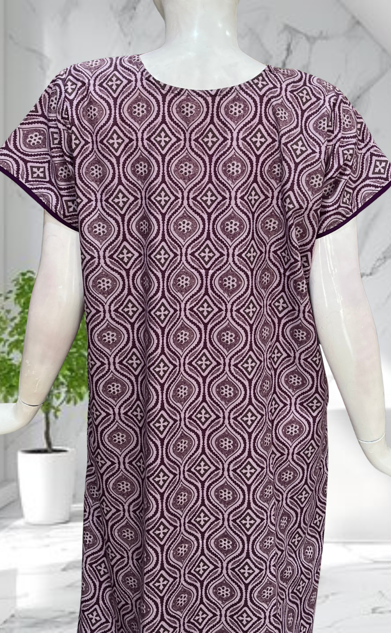 Lavender Ajrakh Soft Cotton Nighty. Soft Breathable Fabric | Laces and Frills