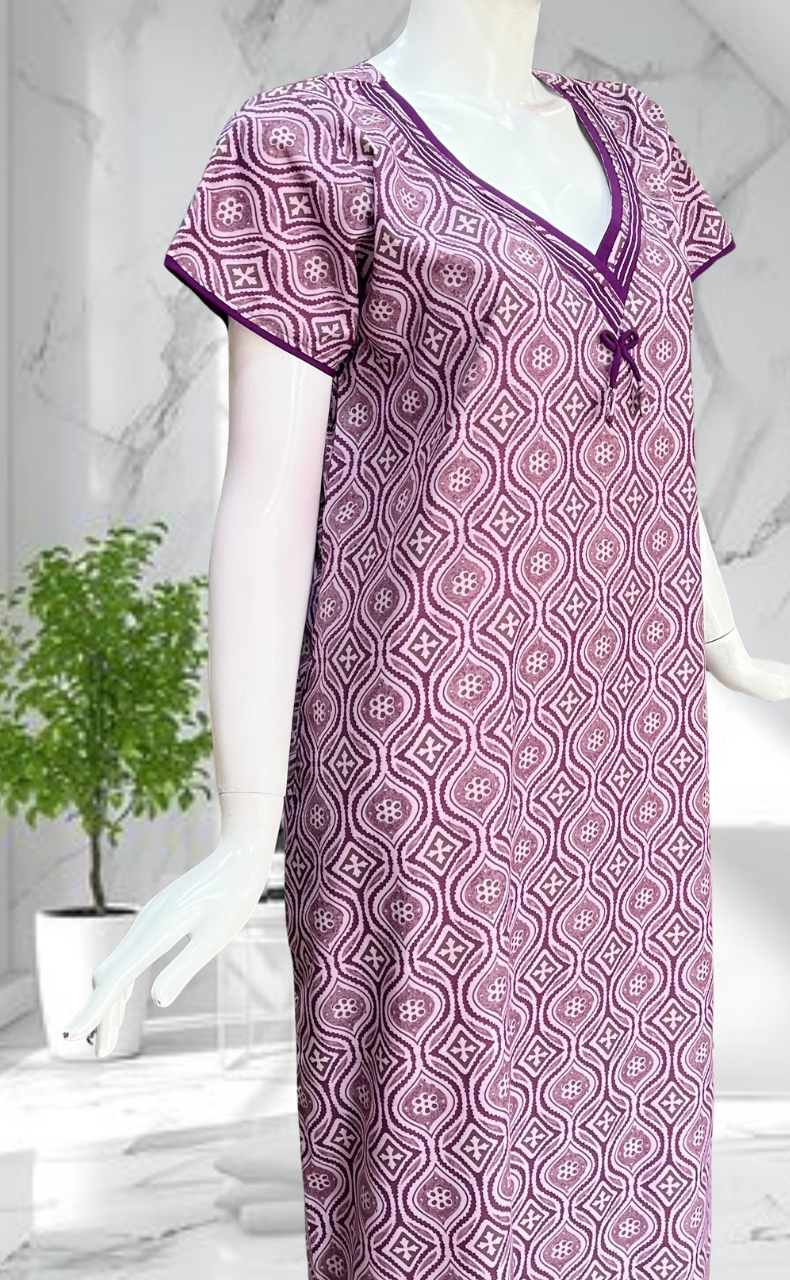 Lavender Ajrakh Soft Cotton Nighty. Soft Breathable Fabric | Laces and Frills