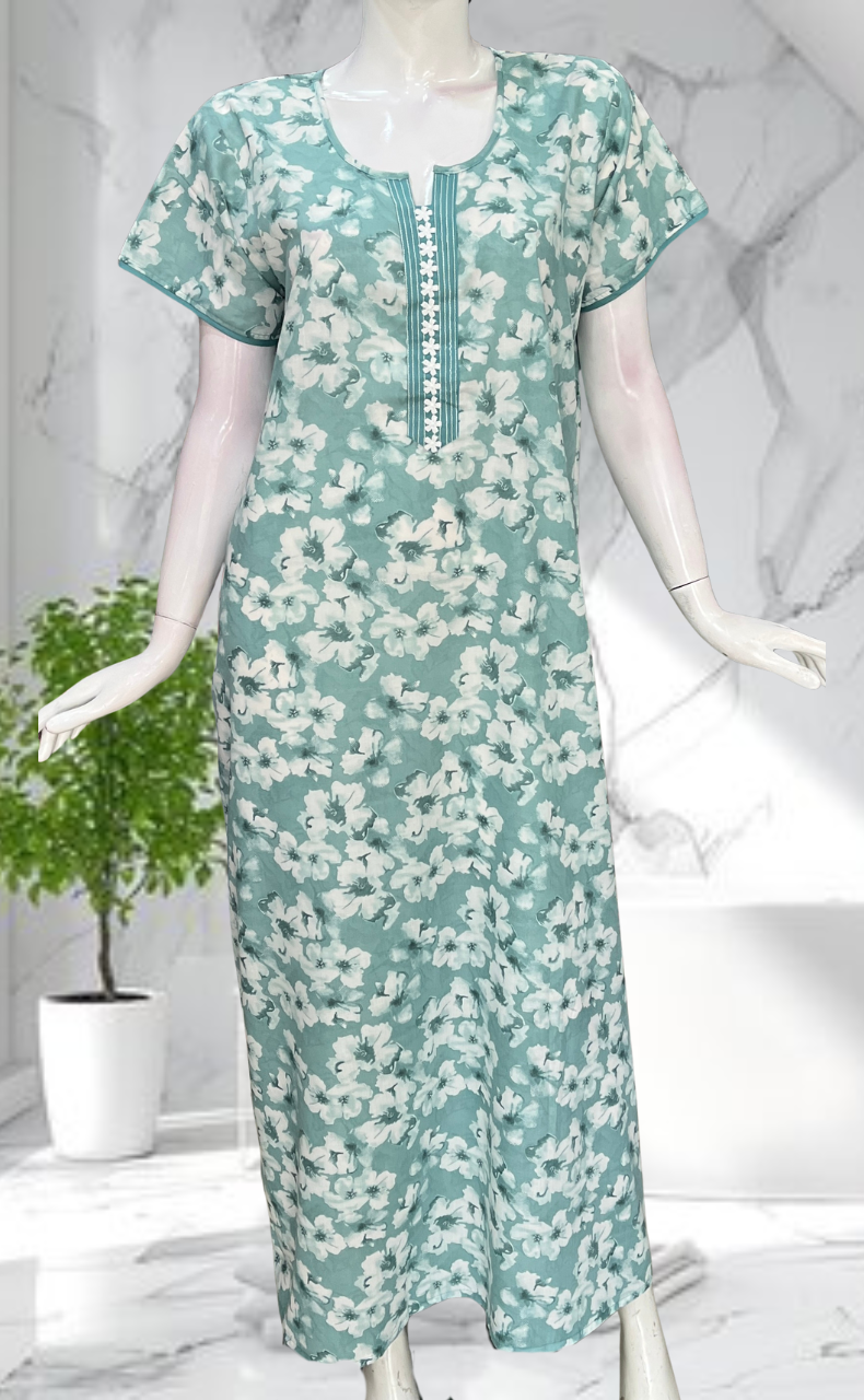 Light Green Floral Soft Cotton Nighty. Soft Breathable Fabric | Laces and Frills